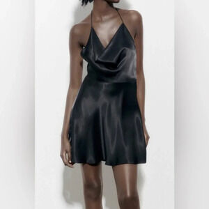 Zara Satin Effect Fluid Cowl Neck Mini Dress NWT Black Size Medium